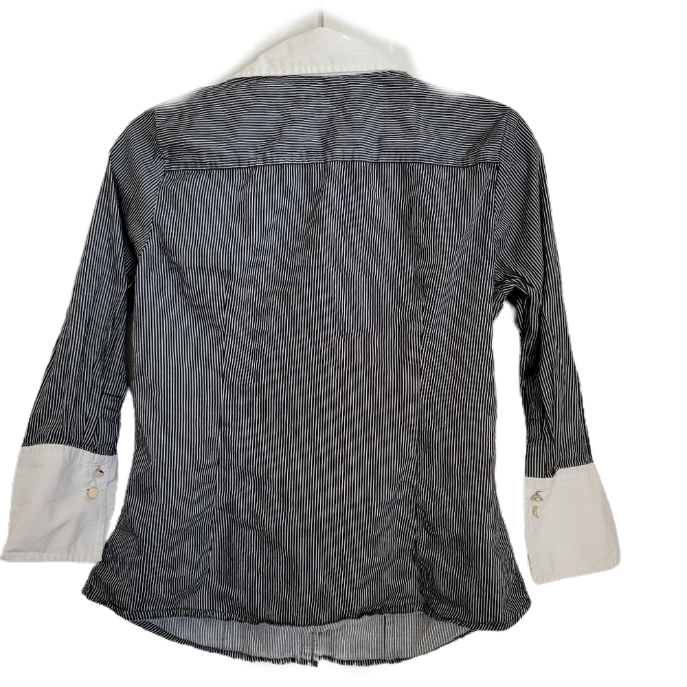 Talbots Top M Medium Stripe Button Up Black 3/4 Sleeve - Picture 6 of 8